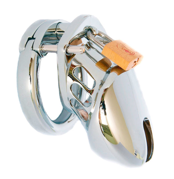 A small size steel HoD600S chastity device with three air vents on the side of the cage and a brass padlock locked to the top of it.