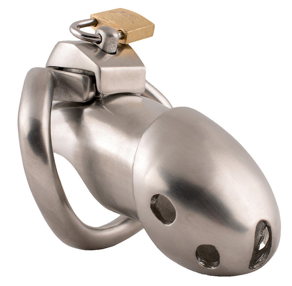 A thick and heavy steel Holy Trainer V1 chastity device with two air holes on the side of the cage and a brass padlock locked through a hole in the top.