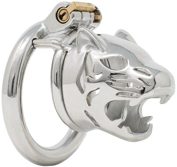 The Cub chastity cage in small size with a circular ring. The front of the cage is shaped like a wolf head with the jaw open wide and sharp teeth showing.