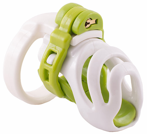 Small white and green PC1 male chastity device with two side arms connected together in the middle of the cage.