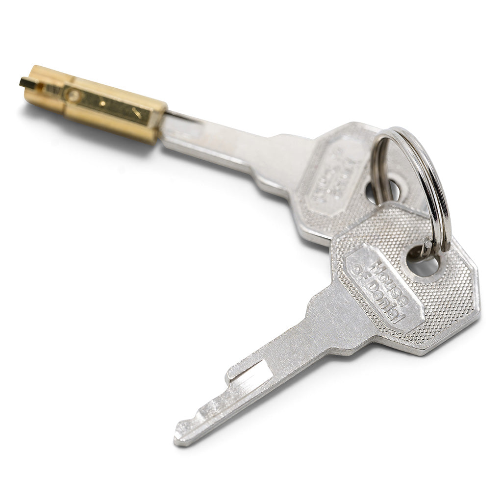 A set of metal keys with House of Denial stamped on them. One of the keys has a brass padlock attached to it.