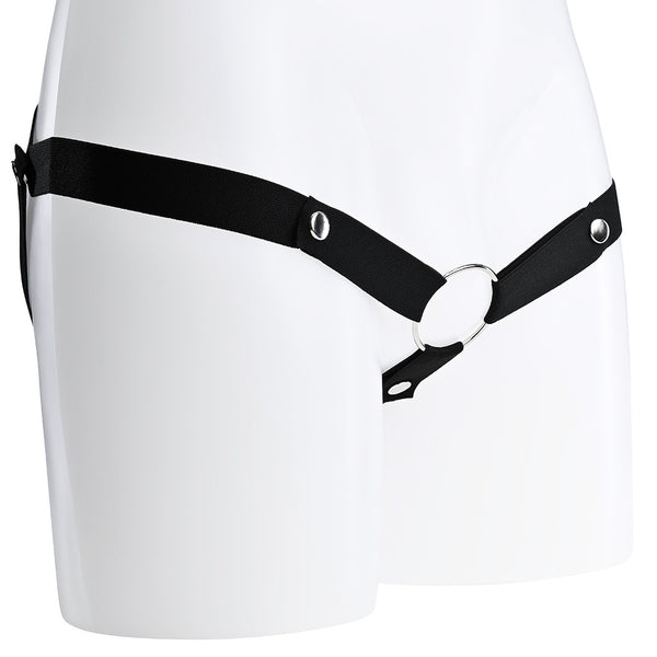 A black elasticated strap that attaches at 3 different points to a metal o-ring.