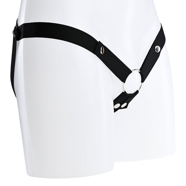 Black elasticated waist strap with popper buttons on each side and below the metal o-ring.