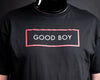 Black t-shirt with good boy printed in white text surrounded by a red box.