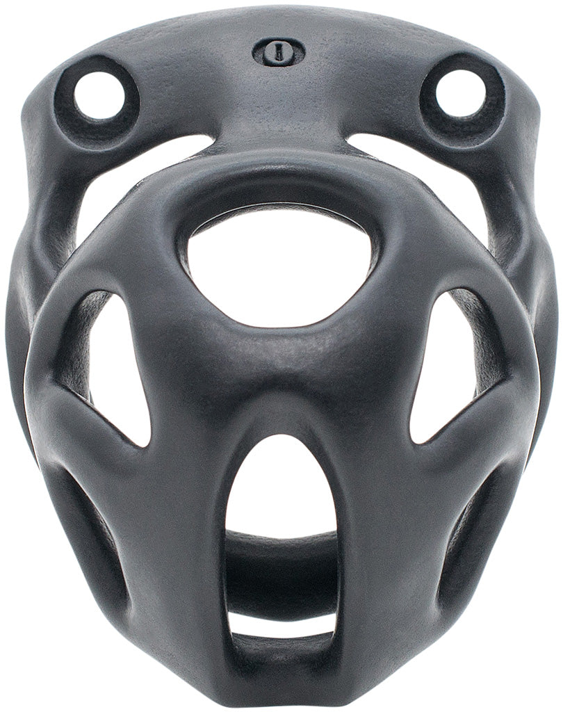 Black Hera chastity cage in XS size with a hexlock system.