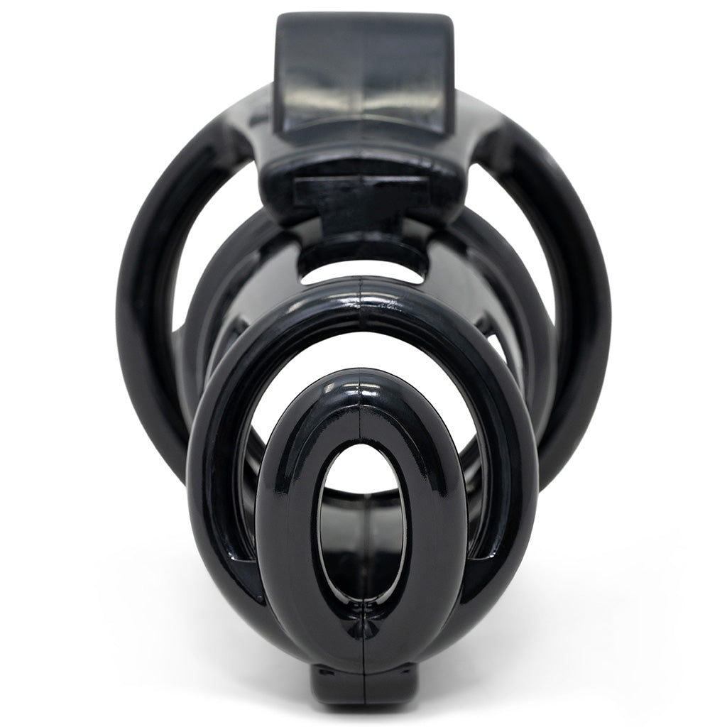 Front view of the elliptical shaped front of the black HoD227 cage.