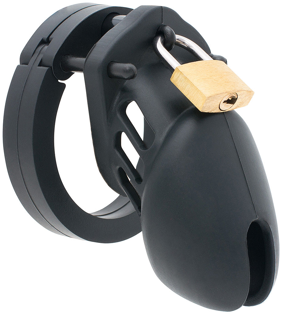 Black small size HoD600S silicone chastity device with a brass padlock attached to the front of the cage.