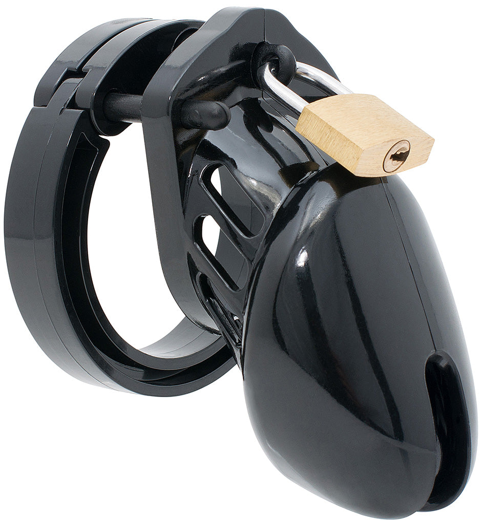 Small size black HoD600S plastic male chastity device with the supplied brass padlock already locked onto the front of the cage using the central guide pin.