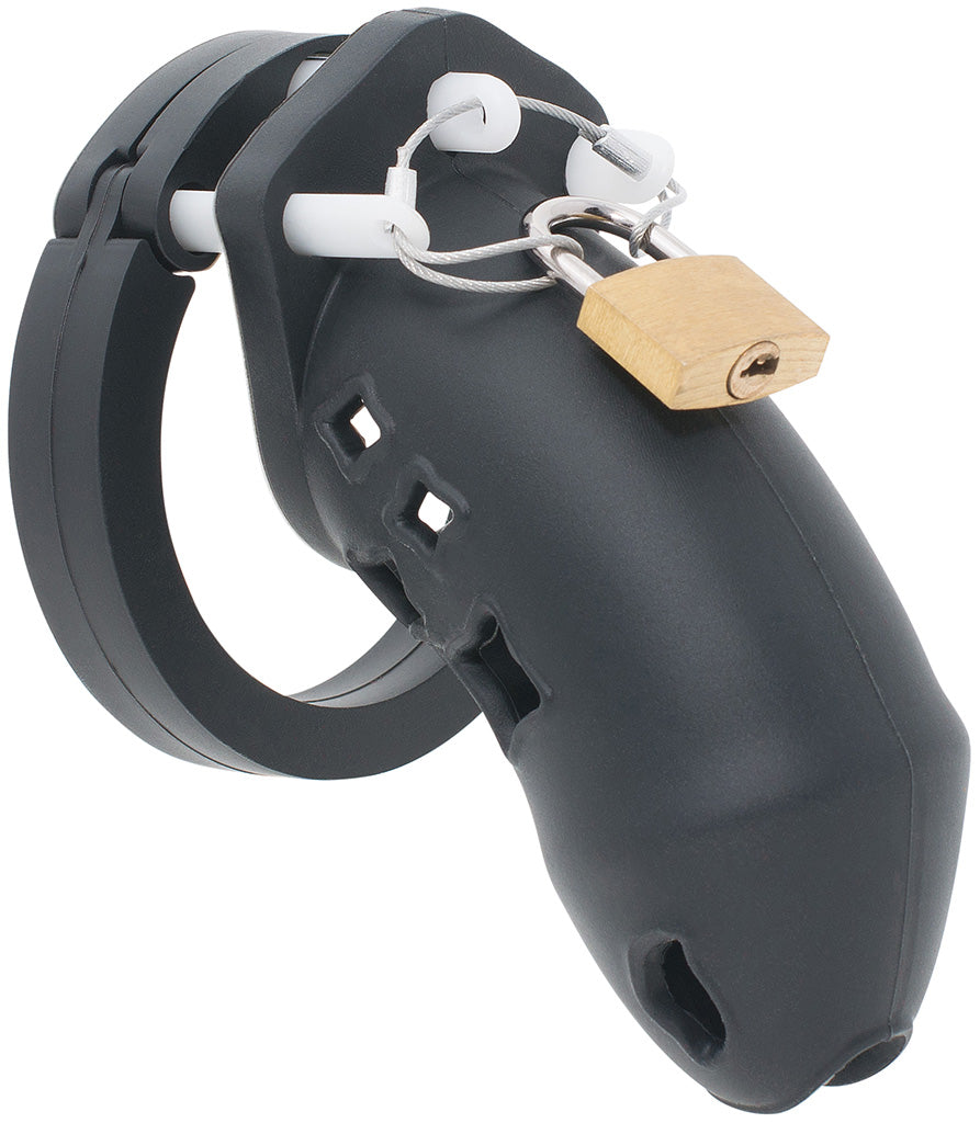 Black HoD602 silicone chastity cage with a brass padlock attached to a metal locking wire, which is looped through the front of 3 white guide pins.