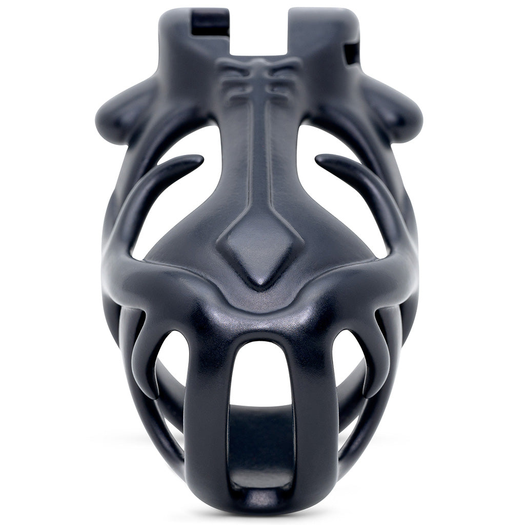 Front view of the black Orion chastity cage with inward facing horns on either side. Top of the cage has a barrel lock system.