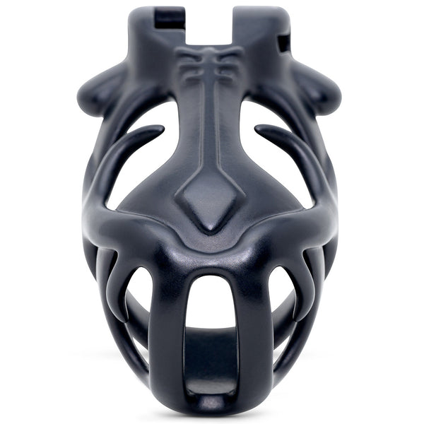 Front view of the black Orion chastity cage with inward facing horns on either side. Top of the cage has a barrel lock system.