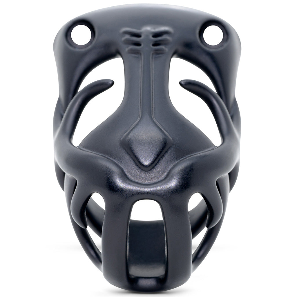 Front view of the black Orion chastity cage with inward facing horns on either side. Top of the cage has holes for hexlock screws.