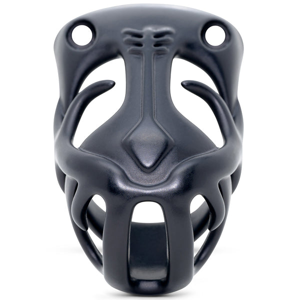 Front view of the black Orion chastity cage with inward facing horns on either side. Top of the cage has holes for hexlock screws.