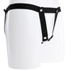 V shaped black elastic belt design with multiple popper buttons.