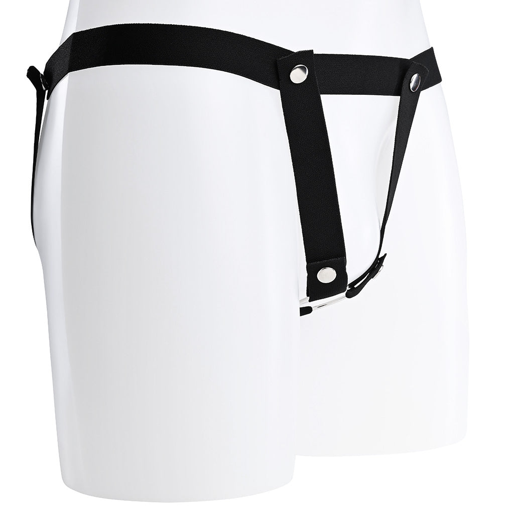 V shaped black elastic belt design with multiple popper buttons.