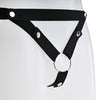 Front of the black elastic belt with V shaped straps attached to a metal o-ring.