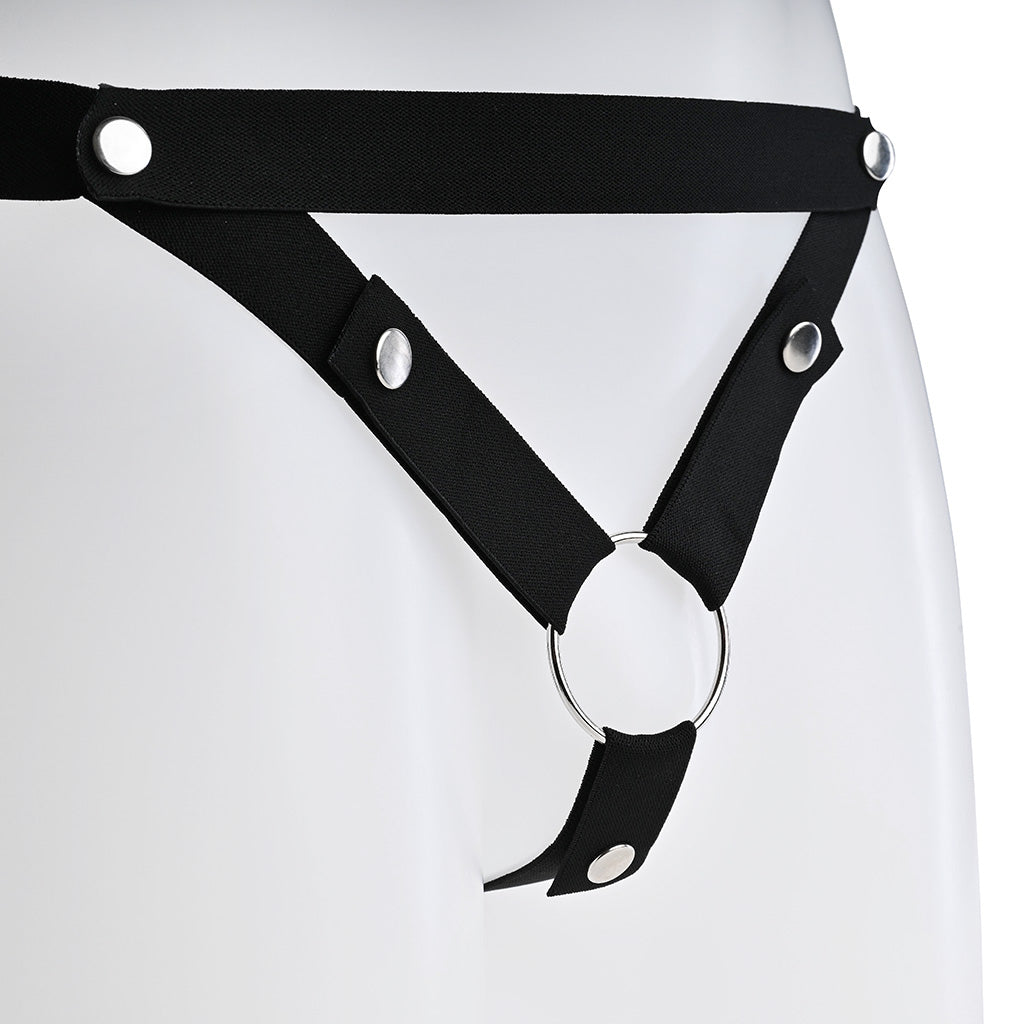 Front of the black elastic belt with V shaped straps attached to a metal o-ring.