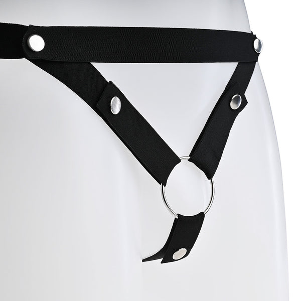 Front of the black elastic belt with V shaped straps attached to a metal o-ring.