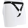 Black elastic strap with multiple silver buttons and a v shaped belt design.