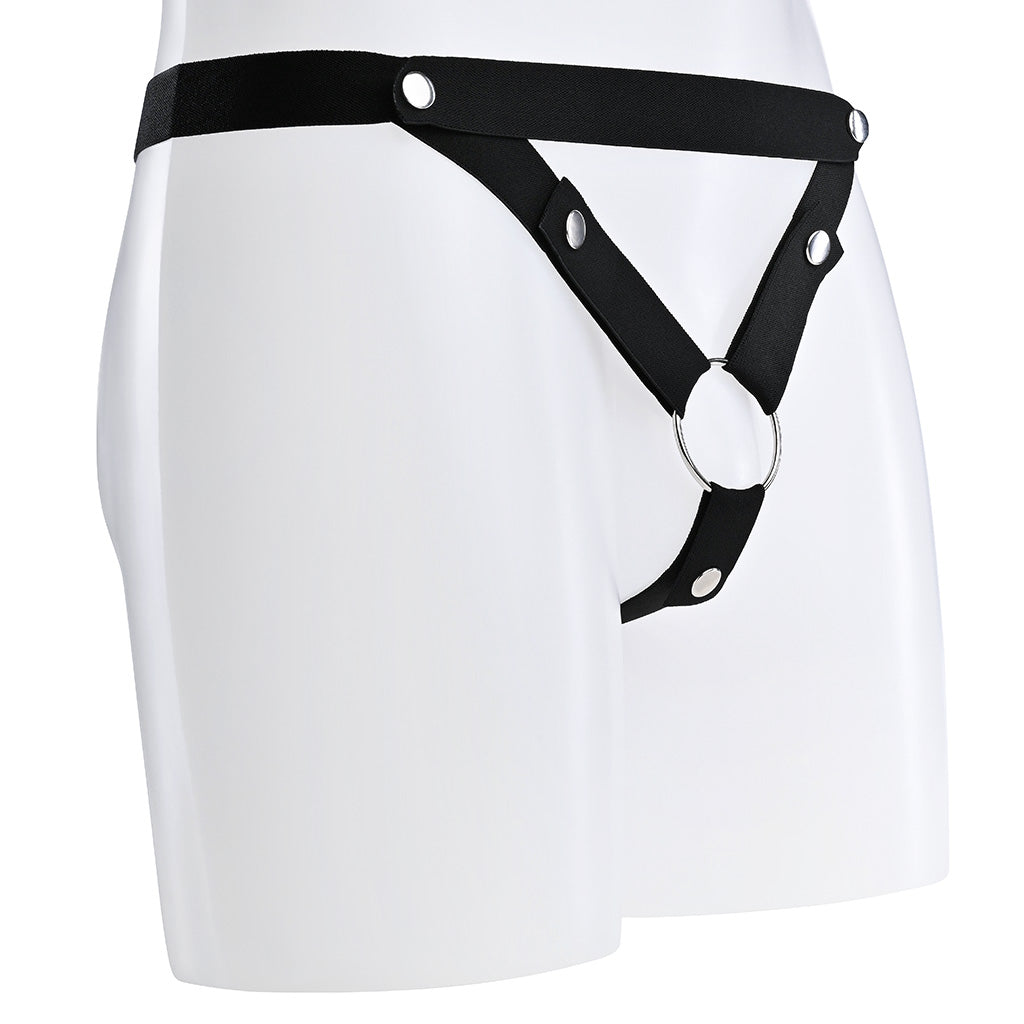 Black elastic strap with multiple silver buttons and a v shaped belt design.