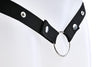 Close up of the poppers and metal o-ring on the black strap.