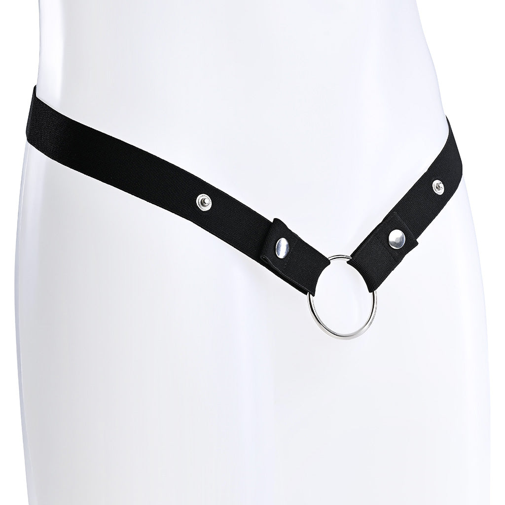 Black elastic waist strap with multiple button poppers on the front attached to a metal o-ring.