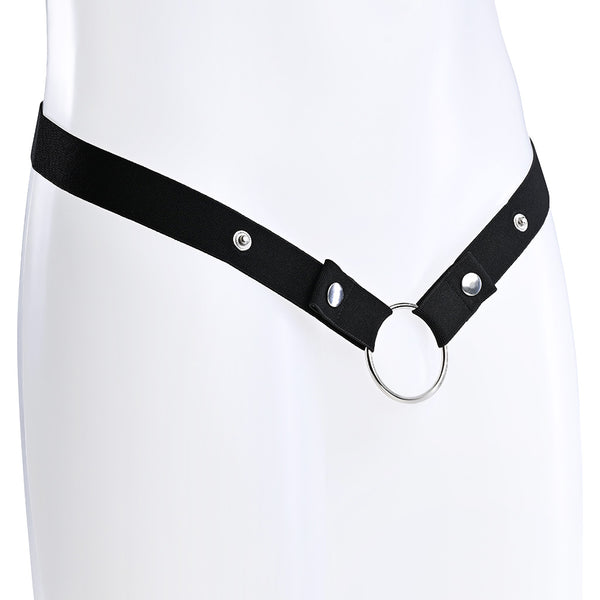 Black elastic waist strap with multiple button poppers on the front attached to a metal o-ring.