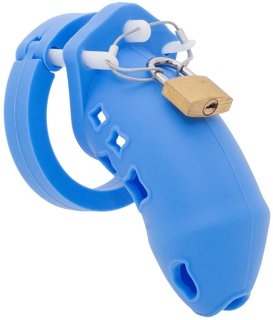 A blue silicone HoD602 kit with the cage and ring attached together with white spacer pins and a brass padlock locked onto a metal wire.
