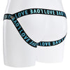 Jockstrap style rear of the black multi strap belt with love printed in blue text.