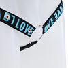 Close up of the black strap with blue love text attached to a metal o-ring.