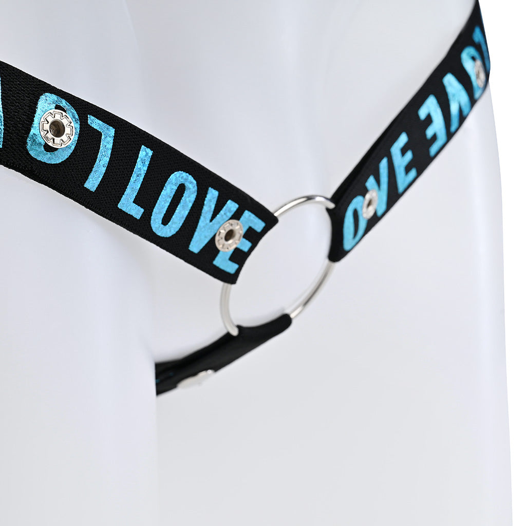 Close up of the black strap with blue love text attached to a metal o-ring.