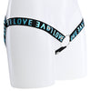 A black elasticated 3 way waist strap with the word Love covering it in blue text.