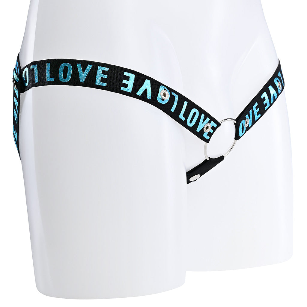 A black elasticated 3 way waist strap with the word Love covering it in blue text.