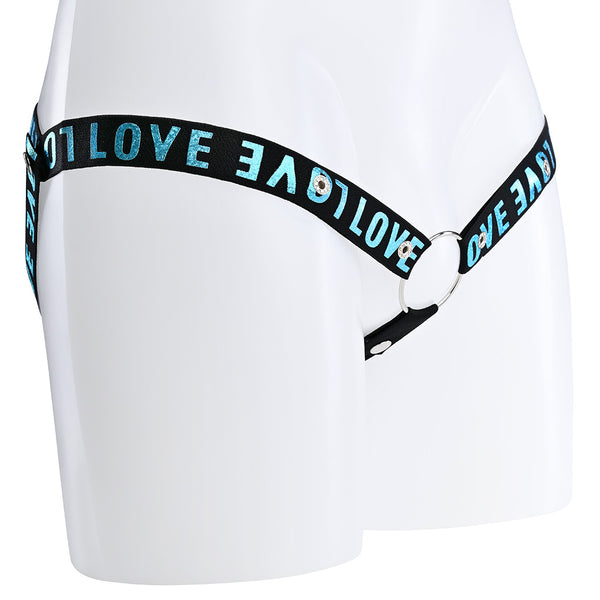 A black elasticated 3 way waist strap with the word Love covering it in blue text.