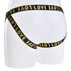 Jockstrap style rear of the black multi strap belt with love printed in gold text.