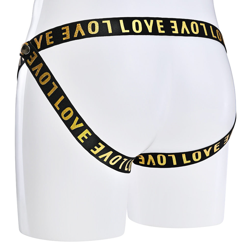 Jockstrap style rear of the black multi strap belt with love printed in gold text.