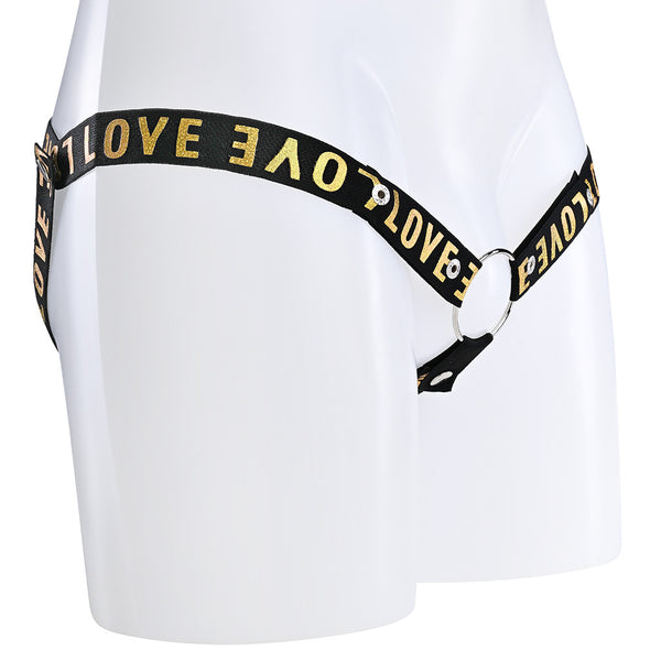 A black elasticated 3 way waist strap with the word Love covering it in gold text.