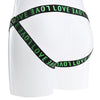 Jockstrap style rear of the black multi strap belt with love printed in green text.