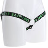 A black elasticated 3 way waist strap with the word Love covering it in green text.