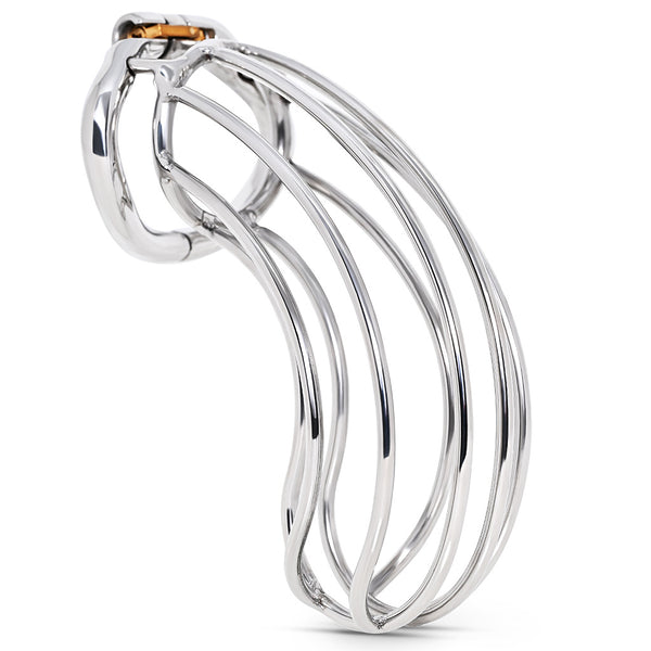 Stainless steel bird cage style cage attached to a hinged back ring against a white background.