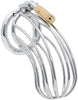 Steel bird cage chastity device with a 40mm back ring and a brass padlock attached. The cage is made up of many thin circular bars with gaps between them.