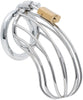 Steel bird cage chastity device with a 45mm back ring and a brass padlock attached. The cage is made up of many thin circular bars with gaps between them.