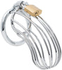 Steel bird cage chastity device with a 50mm back ring and a brass padlock attached. The cage is made up of many thin circular bars with gaps between them.