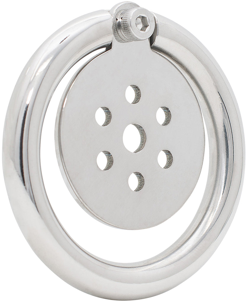 JTS S235 flat metal chastity device with a circular ring.
