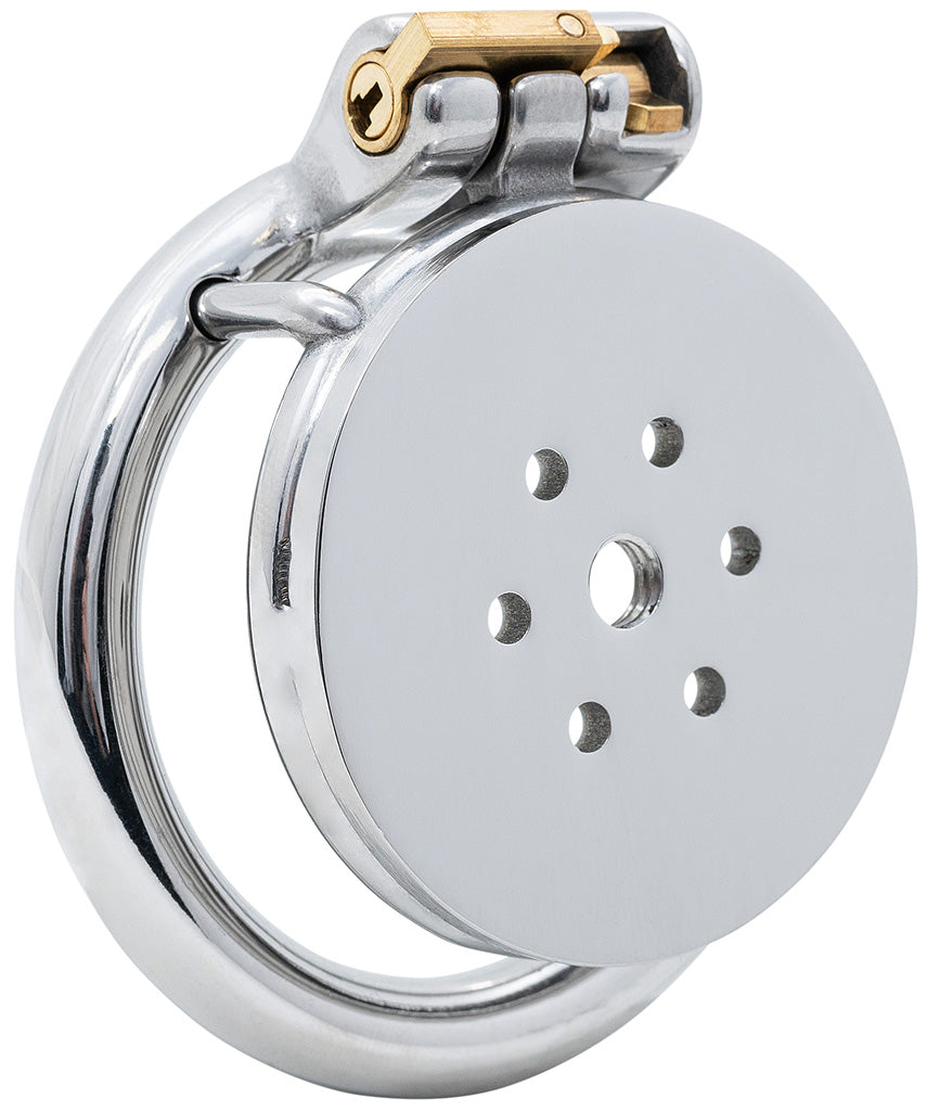 A flat cage with 6 holes circled around a larger central pee hole. It's attached to a circular back ring with a brass lock locked at the top.