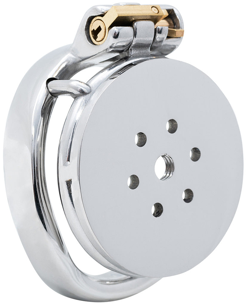 A flat cage with air holes around the front and a curved back ring attached to it.