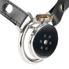 A flat cage with a circular back ring and a leather waist strap attached to it.