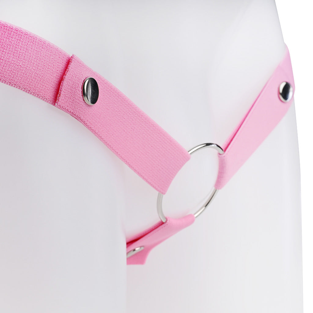 Close up of the pink belt with a metal o-ring on a mannequin against a white background.