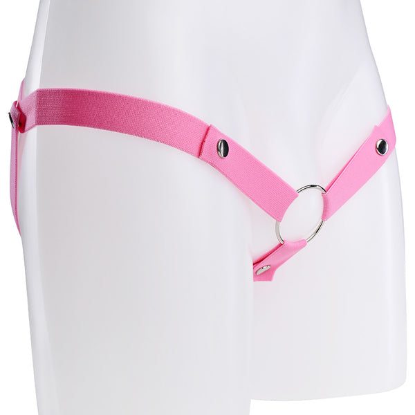 A pink elasticated strap that attaches at 3 different points to a metal o-ring.