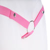 Close up of the 4 way pink strap and how it attaches to a metal back ring.